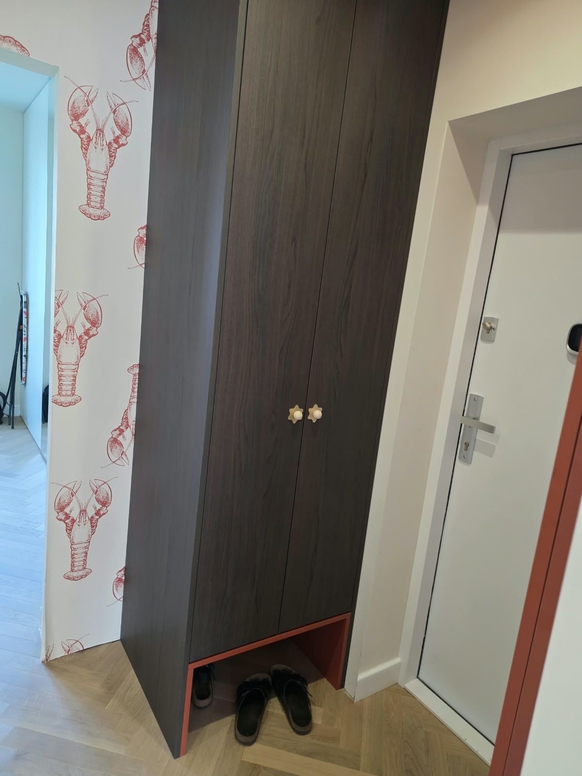 Szafa w przedpokoju w grafitowym rysunku drewna z terakotową wnęką na buty